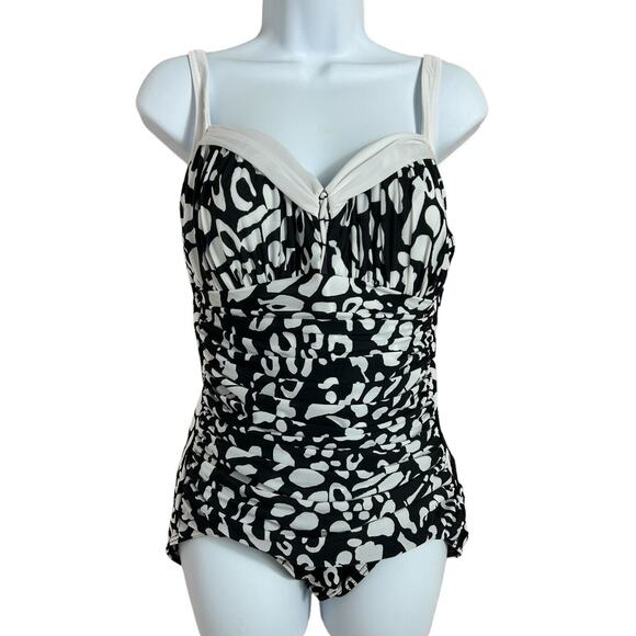 Miraclesuit Slimming Swimsuit Sz 10 Black White One Piece Swimwear Soft Bra - Picture 1 of 6